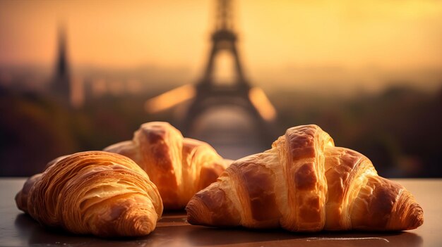 Delightful french croissants on nostalgic foundation of Eiffel tower Paris Creative resource AI Generated