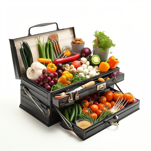 Photo the delightful fusion a mechanic's cantilever toolbox unveiling fresh vegetables on a vibrant white