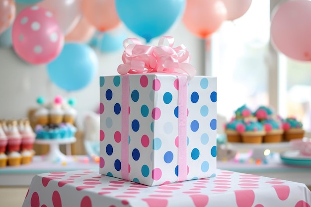 A delightful gift box with a pink bow adorns a table adding elegance and joy to any occasion A giant gift box with polka dot wrapping placed in the center of a birthday party AI Generated