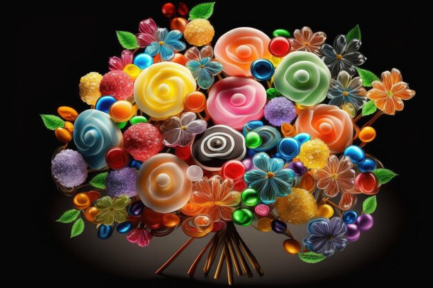 Delightful gift in form of bright multicolored flowers bouquet like as candies