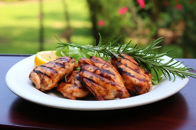 Delightful grilled chicken on a white plate perfect for a bbq meal