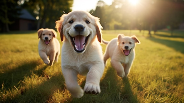 Photo a delightful group of adorable puppies is captured in a moment of pure joy as they engage in a playful romp together the carefree and spirited nature of these furry companions