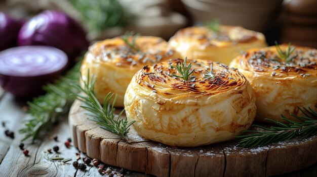 Delightful handcrafted cabbage cakes in a basket on a pristine wooden table