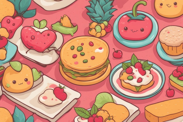 Photo delightful handdrawn kawaii food illustrations tasty adorable and delicious treats