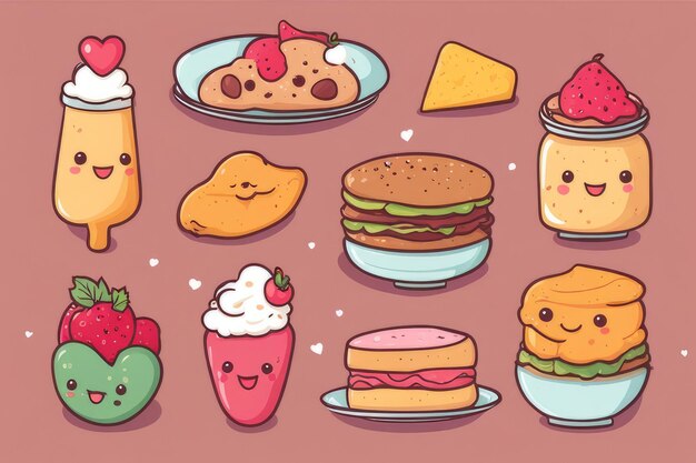 Photo delightful handdrawn kawaii food illustrations tasty adorable and delicious treats