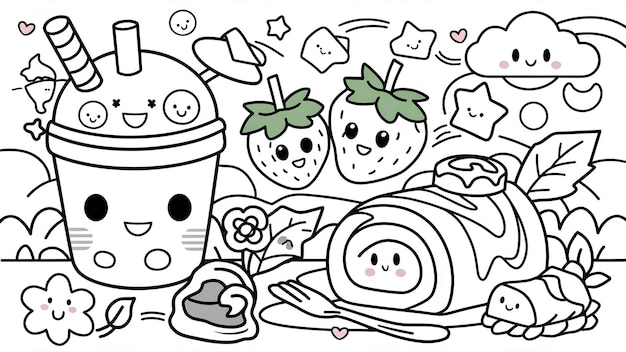 Photo a delightful kawaiistyle coloring page featuring adorable food and drink
