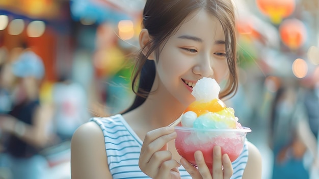 사진 사랑스러운 한국 여성이 서머 스트리트에서 활기찬 면도 얼음 디저트를 즐기고 있습니다.