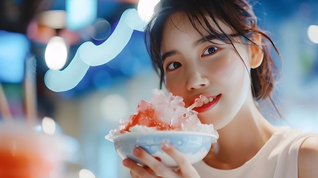 사진 멋진 한국인 여성이 여름 도시 풍경에서 활기찬 면도 얼음을 맛보고 있습니다.