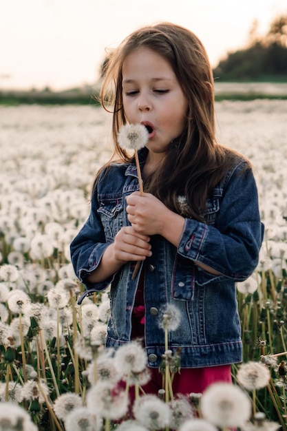Фото Прекрасная девочка в синей джинсовой куртке с белым одуванчиком в руке стоит среди пушистых цветущих и открывает рот, чтобы продувать семена цветов девочка, идущая в воздушных шарах вертикально