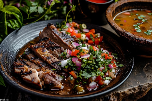 Delightful Meat Soup and Salsa on a Plate