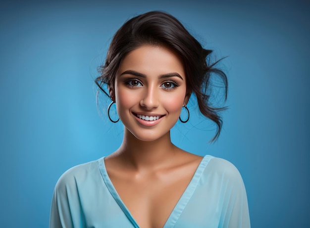 A delightful Middle Eastern woman showcases makeup artistry with a radiant smile against a serene blue backdrop