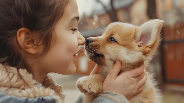 写真 笑顔の女の子と遊び心のある子犬の間の美しい鼻のブープの瞬間