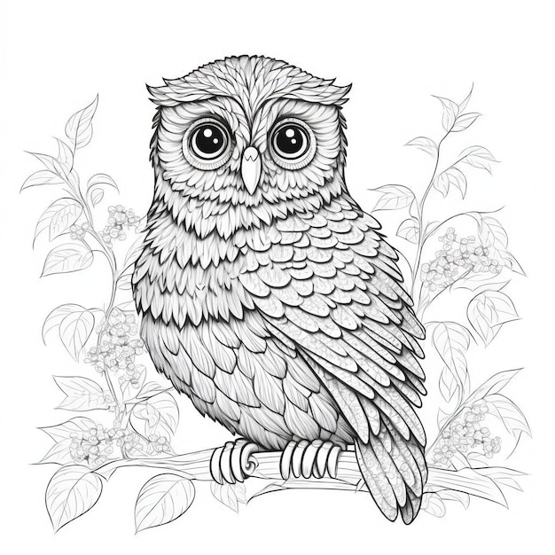 Delightful owl outline illustration for coloring book page. Coloring card for kids and adults.