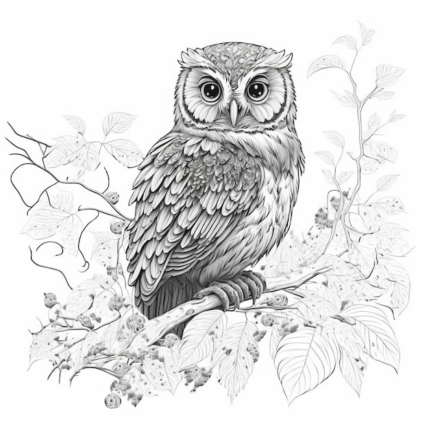 Delightful owl outline illustration for coloring book page. Coloring card for kids and adults.