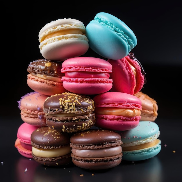 A delightful pile of macarons on a dark background showcasing vibrant colors