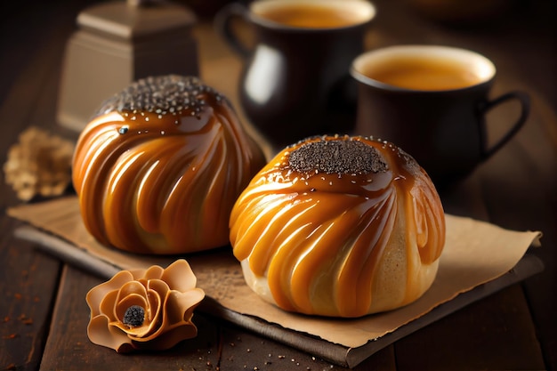 Delightful poppy seed buns with caramel glaze and sugar