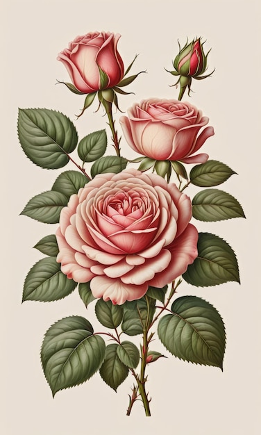 Photo delightful rose flowering plant as in vintage botanical illustration