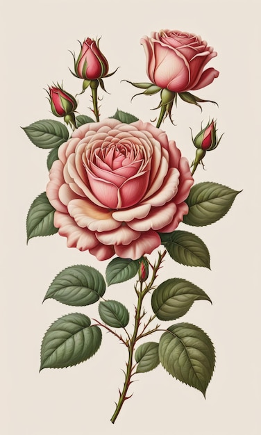 Photo delightful rose flowering plant as in vintage botanical illustration