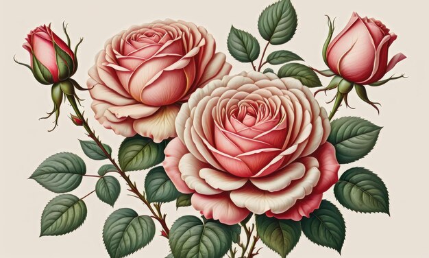 Delightful rose flowering plant as in vintage botanical illustration