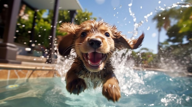 遊び心のある子犬が輝くプールで水しぶきを上げてはしゃぐ楽しいシーン、その喜びと活力