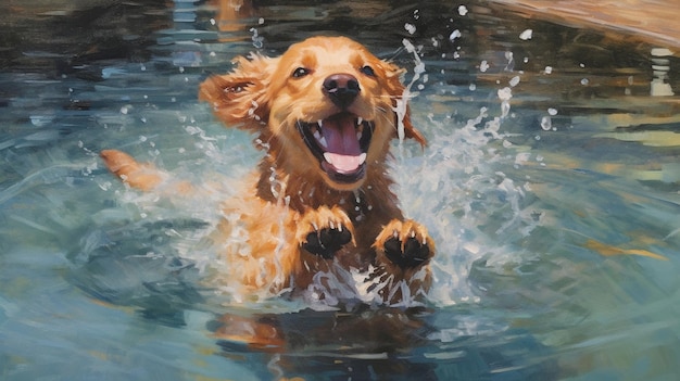 遊び心のある子犬が輝くプールで水しぶきを上げてはしゃぐ楽しいシーン、その喜びと活力