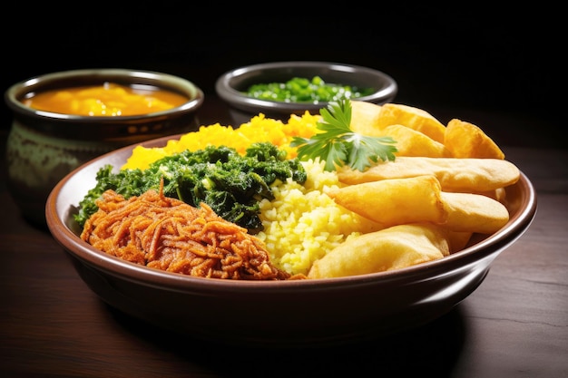 Delightful South American recipe kuskus corn and veggie porridge in a wooden bowl