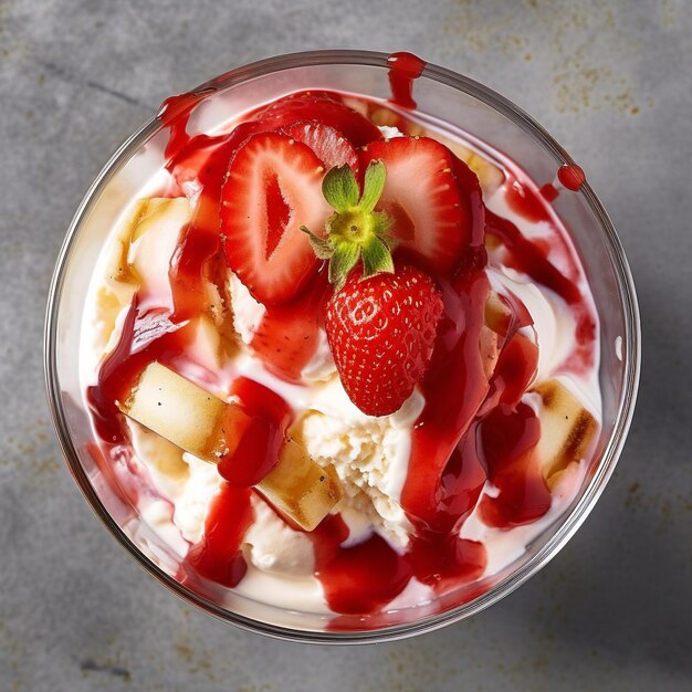 Delightful strawberry sundae isolated on dark background