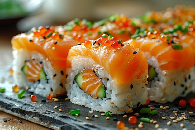 Delightful Sushi Rolls Bursting with Salmon and Roe Colors A Foodies Dream Menu Restaurant
