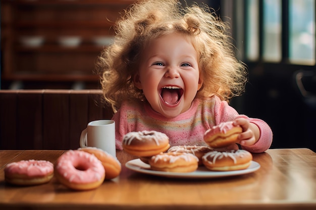 Delightful Toddler Indulging in Delicious Donuts at the Kitchen Table