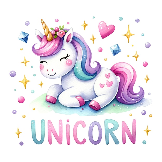 Delightful unicorn with pink hair adorned with flowers surrounded by sparkles hearts and gems