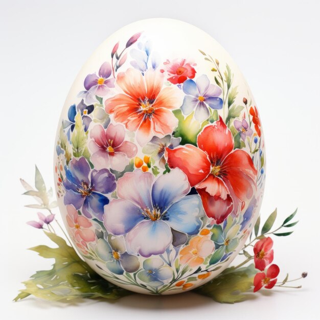 A delightful watercolor Easter egg adorned with colorful florals set against a clean white backdrop