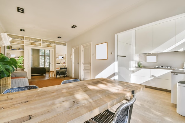 Delightful wood dining table in an adorable daylight dining room