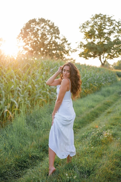 Delightful young woman in a white sundress in a field of green corn in the sunset light Portrait of a beautiful model with dark long curly hair Summer Harvest Eco