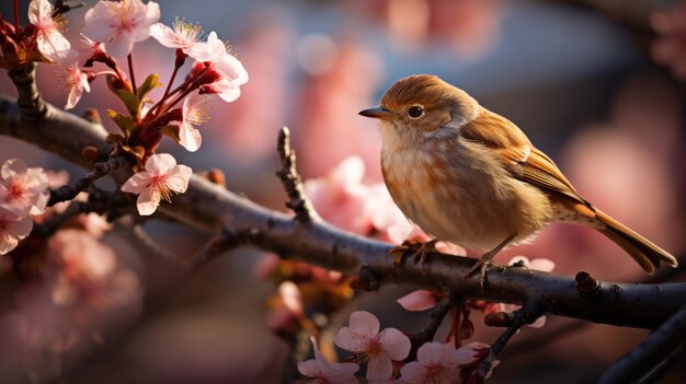 春の花の咲く木に咲く美しく美しいナイチンゲール鳥