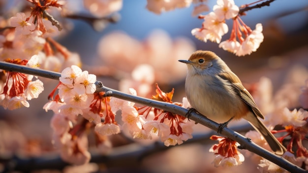 写真 春に花をかせている木の上で美しいナイトンゲルの鳥