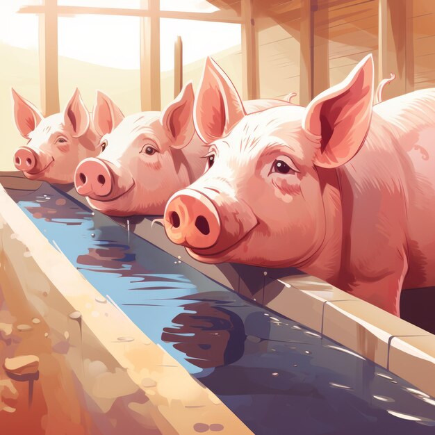 Photo delightfully hydrated charming cartoon illustration of content adult pigs quenching thirst in a spo