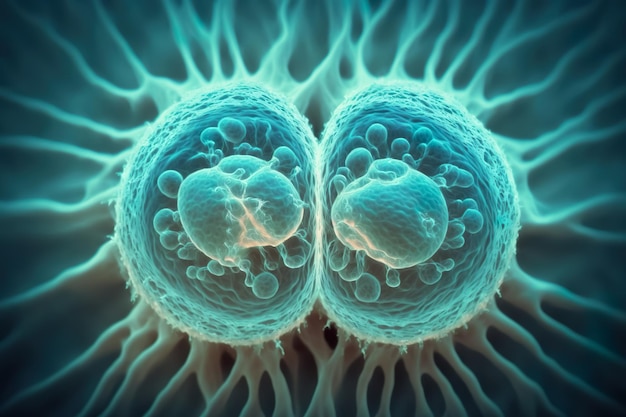 Deling van embryonale stamcellen Menselijke cellen onder de microscoop In vitro concept Generatieve AI