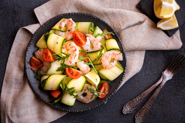 Delisicous fresh seafood salad with shrimps and zucchini