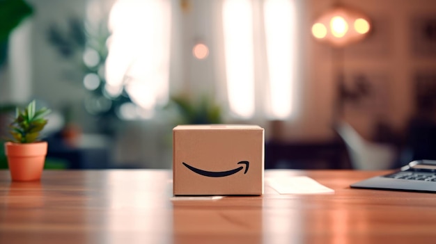 Delivered parcel box on table with blurred home background Amazon Prime shopping Generative Ai