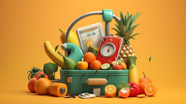 Delivery 3d illustration with rotary phone and groceries