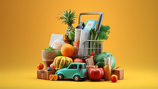 Delivery 3d illustration with rotary phone and groceries