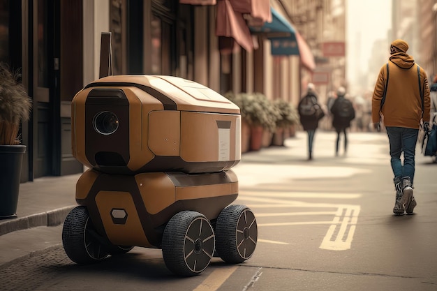 A delivery bot standing on a city street pavement design concept