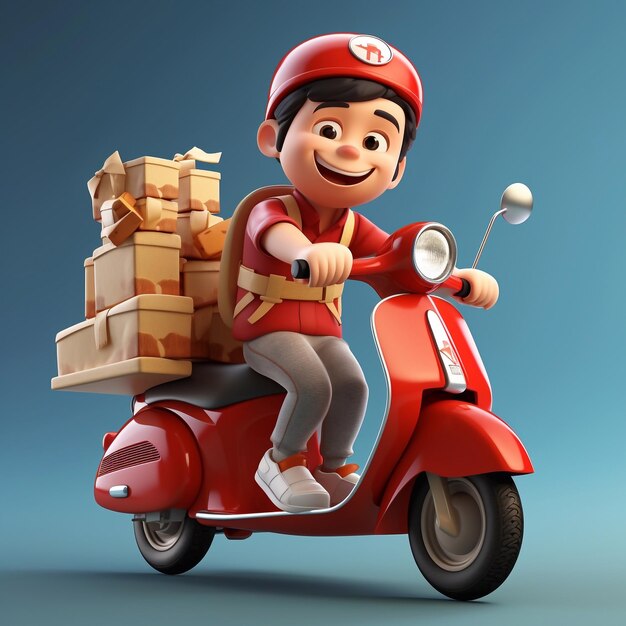 Delivery boy rijdt op een scooter met dozen in cartoon stijl