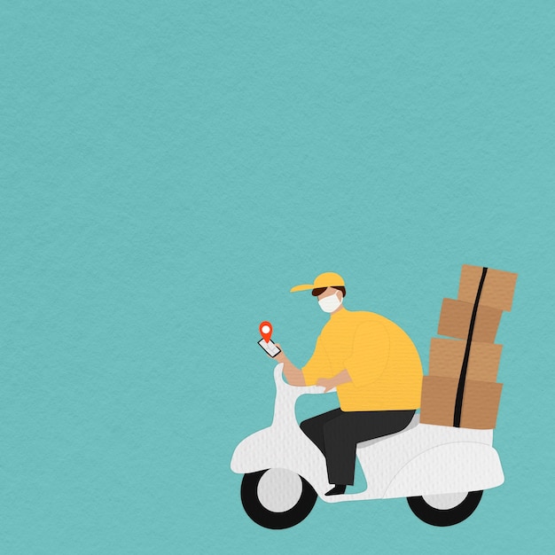 Delivery boy on a scooter with parcel boxes checking customer&#39;s location on his phone