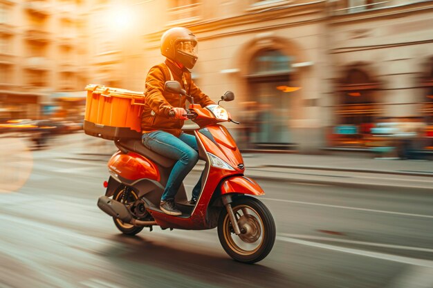 Photo delivery boy of takeaway on scooter with isothermal food case box driving fast