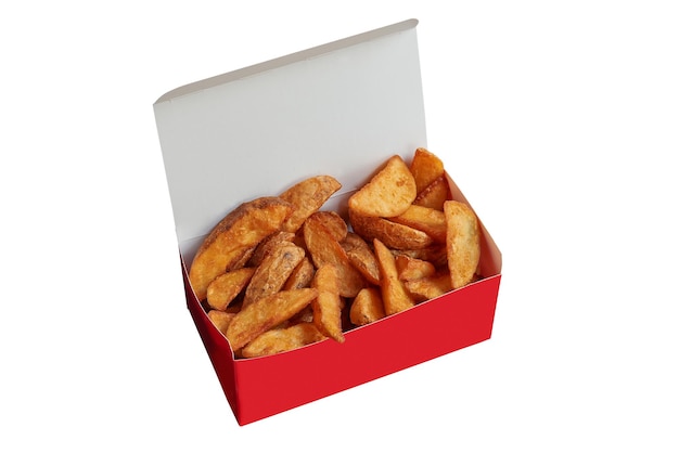 Delivery bucket box with Fried potatoes. Isolated with clipping path