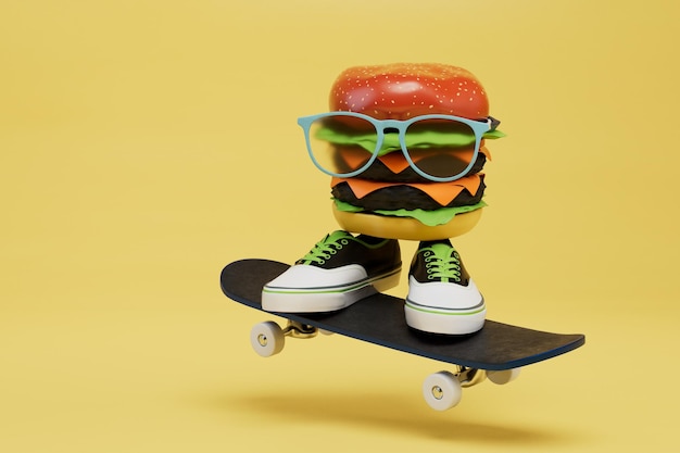 Delivery of burgers on a skateboard a skateboard with sports shoes on which a cheeseburger 3d render