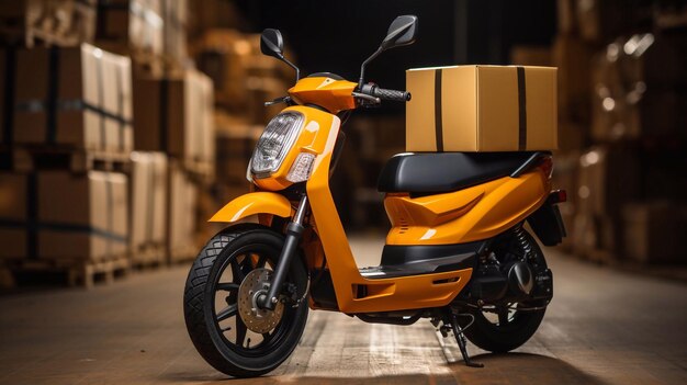 Delivery by moped Fast delivery Many cardboard boxes and a scooter Generative AI