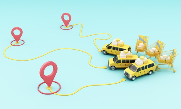 Delivery by scooter motorcycle and yellow van with location\
mobile application