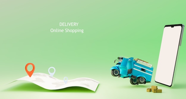 Delivery car starting to out of delivery gps tracking online\
shopping 3d illustrations rendering